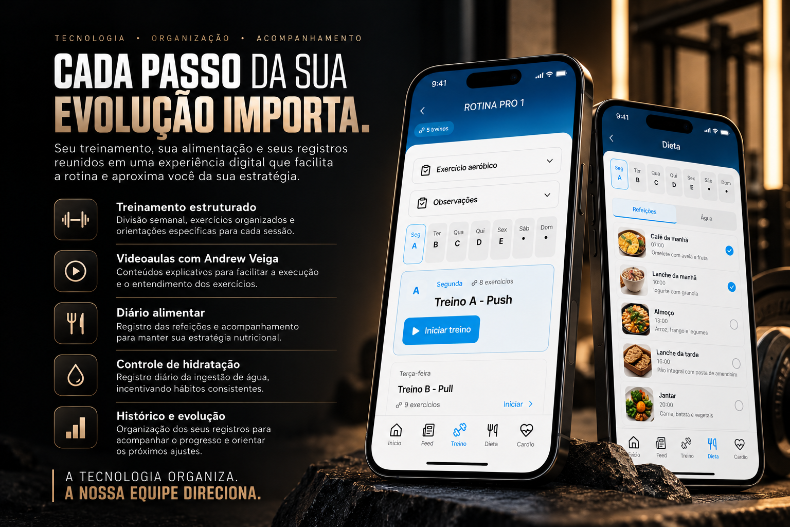Apresentação comercial da experiência digital: treinamento estruturado, videoaulas, registros alimentares, hidratação e evolução. Telas de aplicativo conceituais para demonstração visual.